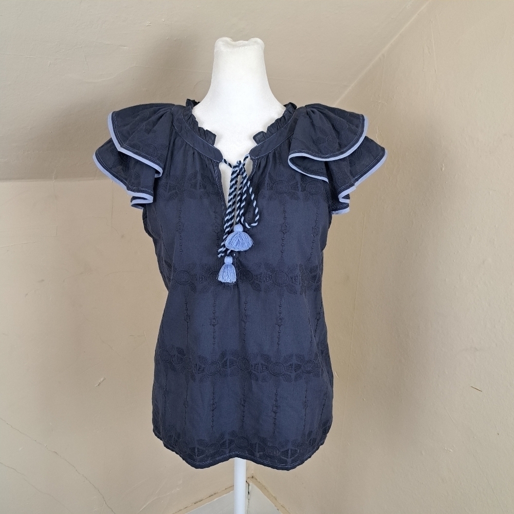 Omika Wilora Embroidered Blouse Blue‎ Short Ruffle Sleeves Size S